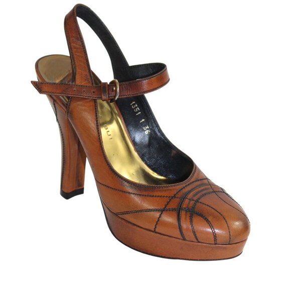 Barbara Bui Parisian Runway Leather Slingback Platform Heel Contrast Stitching - Picture 5 of 9